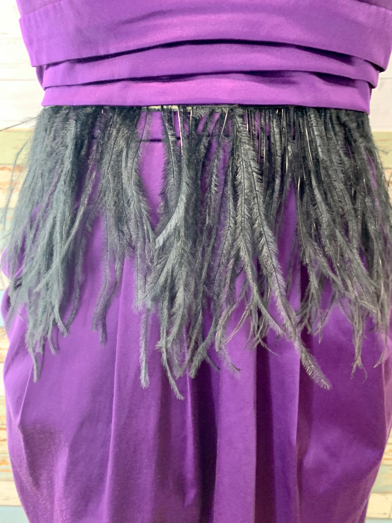 00’s Purple Strapless Mini Dress with Feathers - Hamlets Vintage