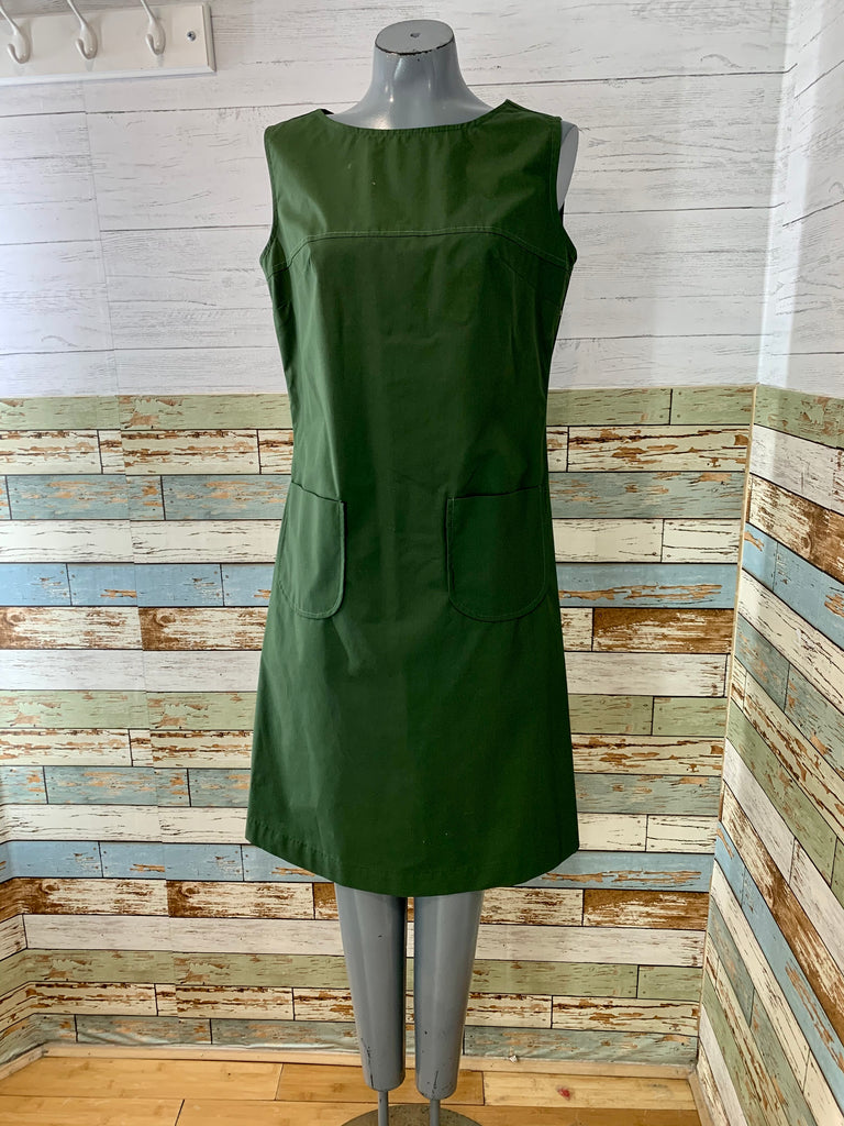 60s Olive Non Sleeve Dress With Front Pockets - Hamlets Vintage
