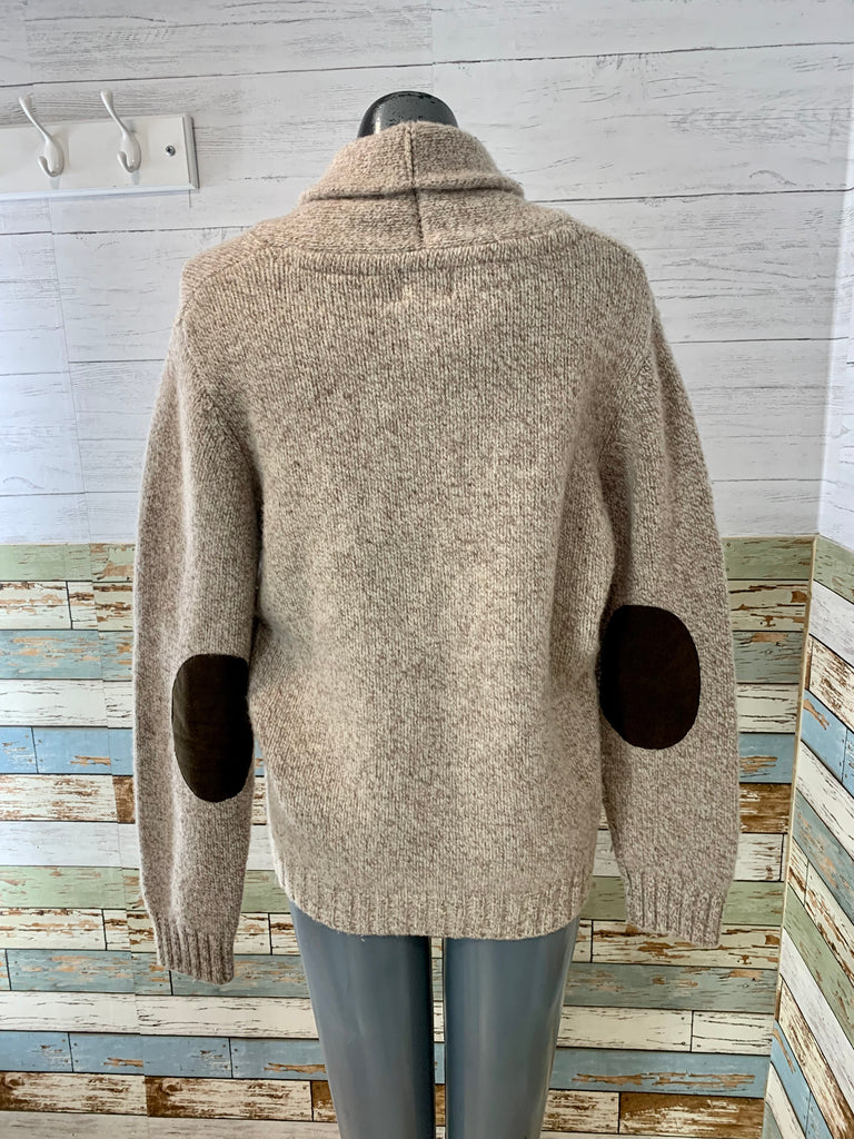 90’s Beige and Brown Knit Shawl Neck Sweater - Hamlets Vintage