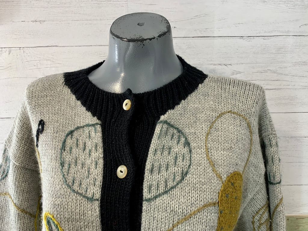 70s Gray and Black Knit Design Cardigan Sweater - Hamlets Vintage