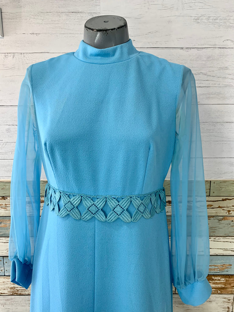 70s Baby Blue Maxi Gown With Embroidery Trim - Hamlets Vintage