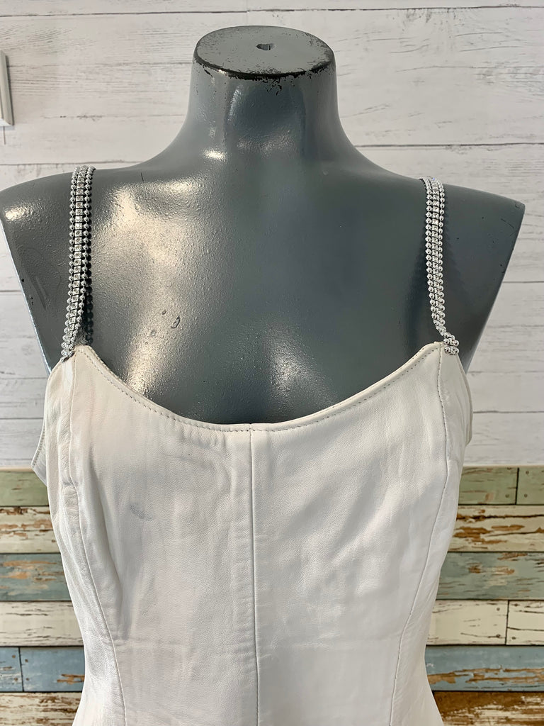 90’s White Leather Mini Bodycon Dress - Hamlets Vintage