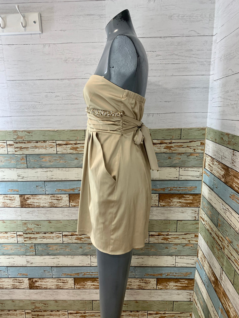 00’s Beige Strapless Pleated Mini Dress - Hamlets Vintage
