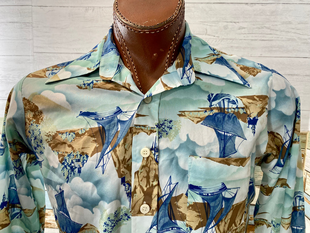 70s Disco Long sleeve Shirt Nautical Print - Hamlets Vintage