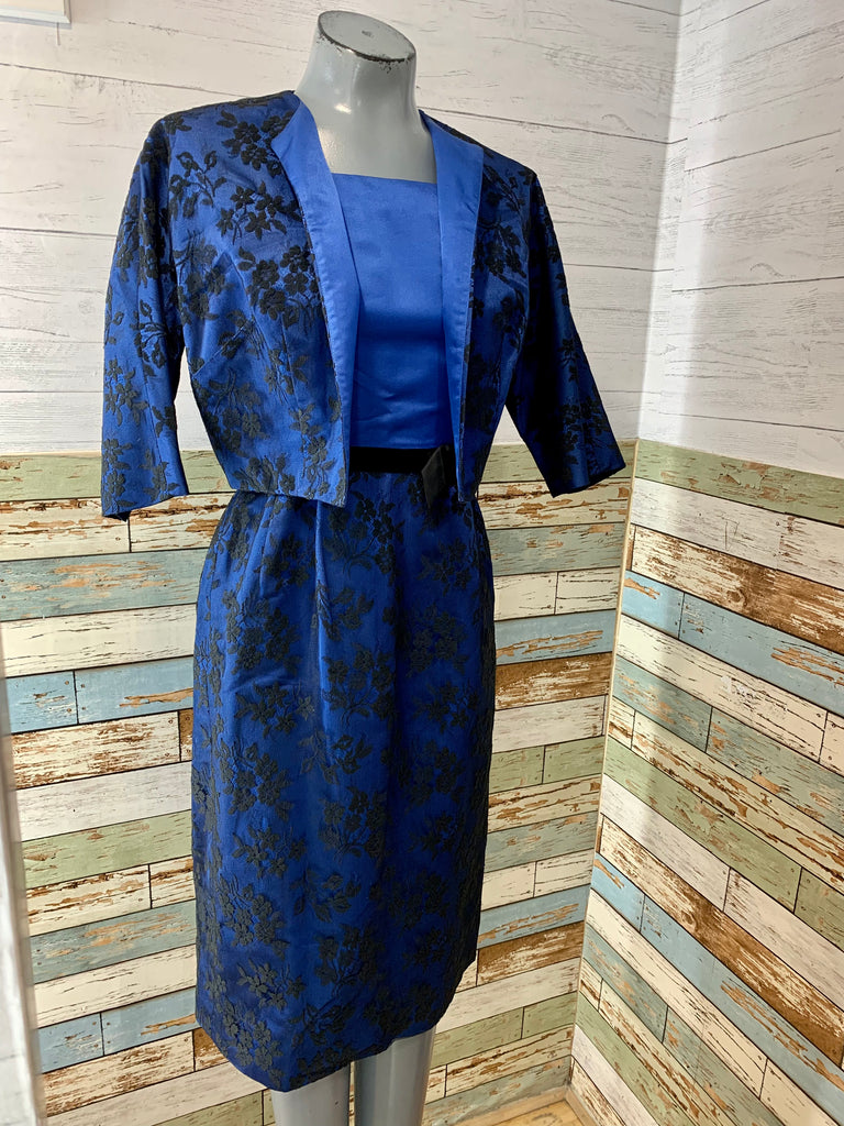 60s Black And Blue Lace Dress And Cropped Jacket Set - Hamlets Vintage