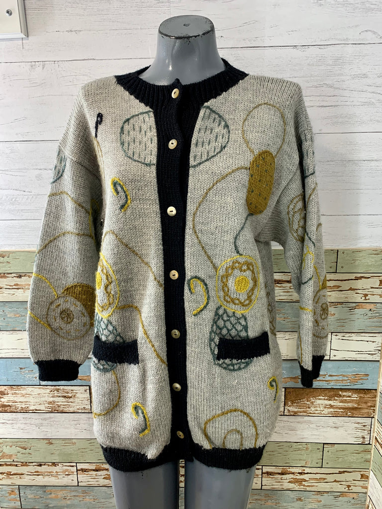 70s Gray and Black Knit Design Cardigan Sweater - Hamlets Vintage