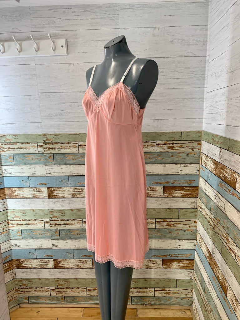 60s Salmon Pink Lace Trim Midi Slip Dress - Hamlets Vintage