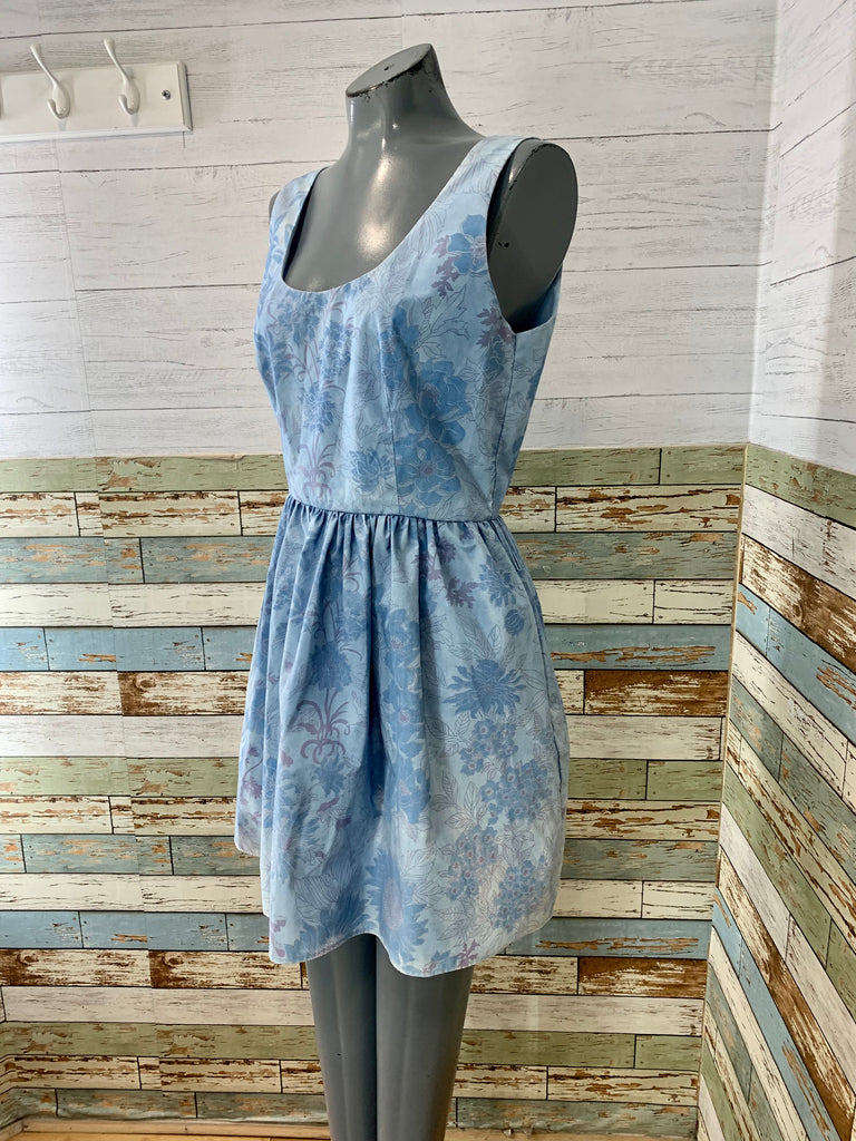 90s Revival 60s Custom Blue Floral Mini Dress - Hamlets Vintage
