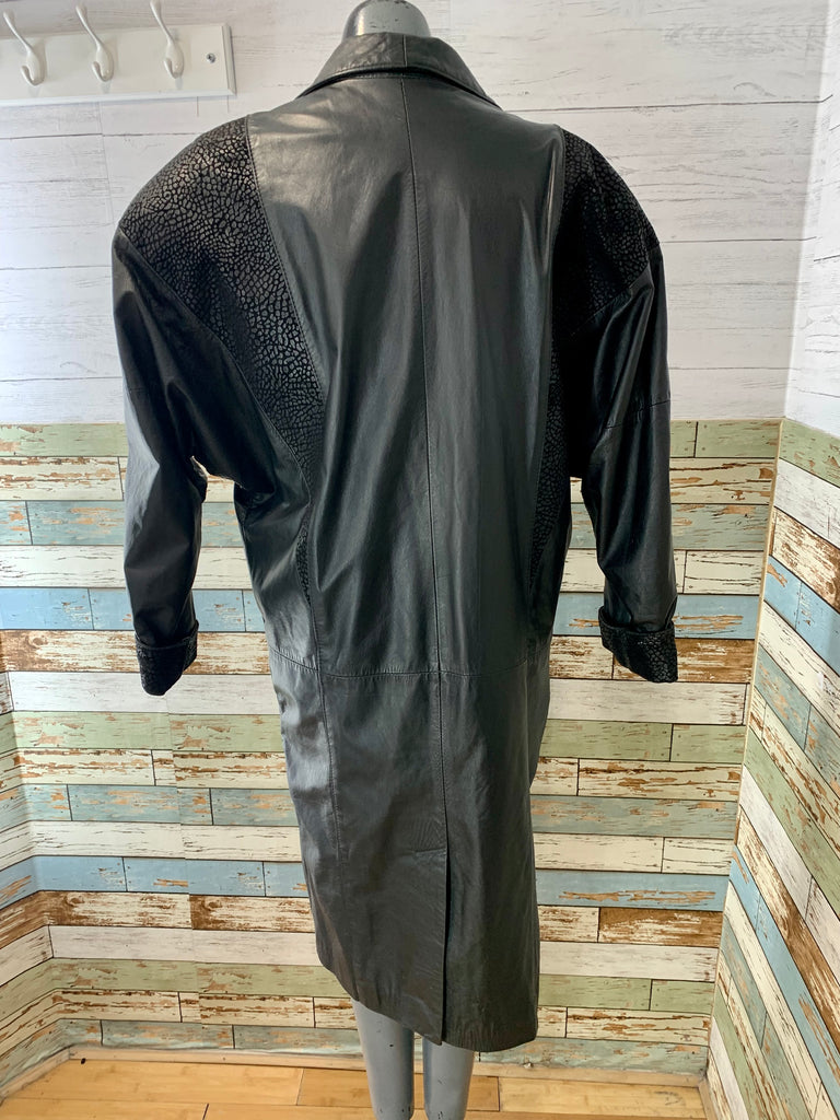 90’s Black Long Leather Coat with Textured Crackel - Hamlets Vintage