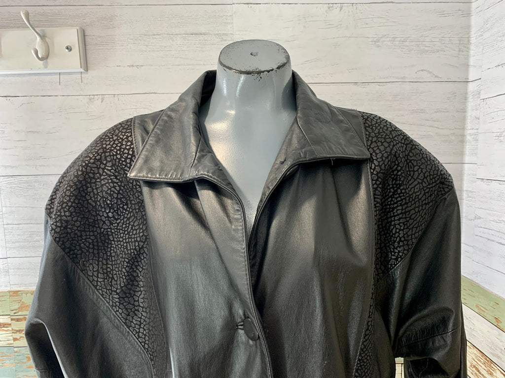 90’s Black Long Leather Coat with Textured Crackel - Hamlets Vintage