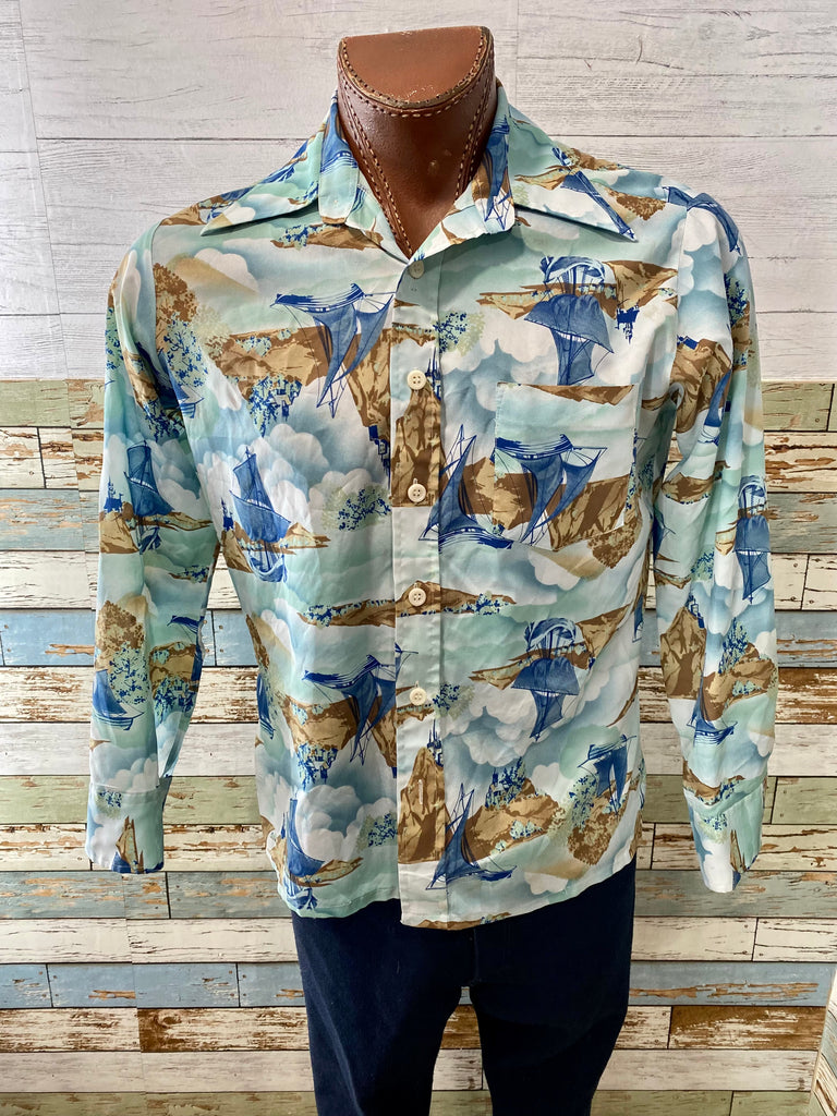 70s Disco Long sleeve Shirt Nautical Print - Hamlets Vintage