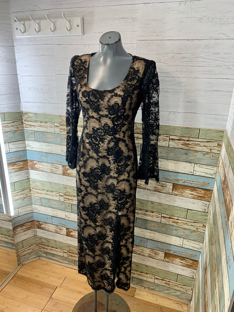 60's Black Lace Bell Sleeve Nude Illusion Gown - Hamlets Vintage