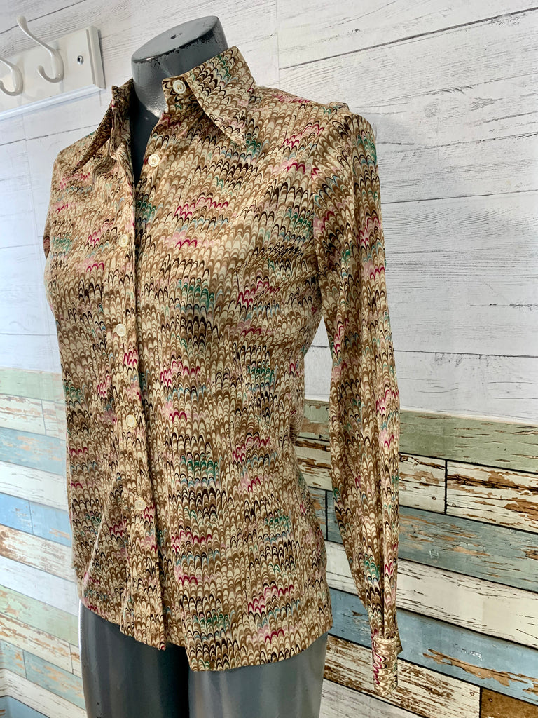 70s Beige And Brown Print Button Up Shirt - Hamlets Vintage