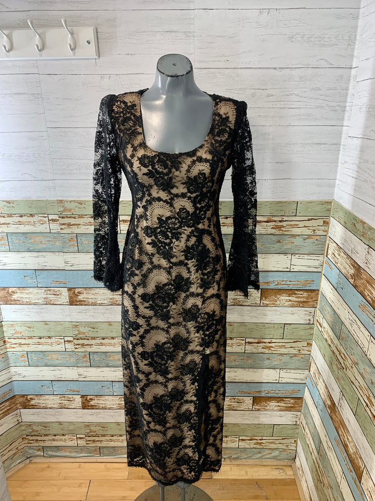 60's Black Lace Bell Sleeve Nude Illusion Gown - Hamlets Vintage