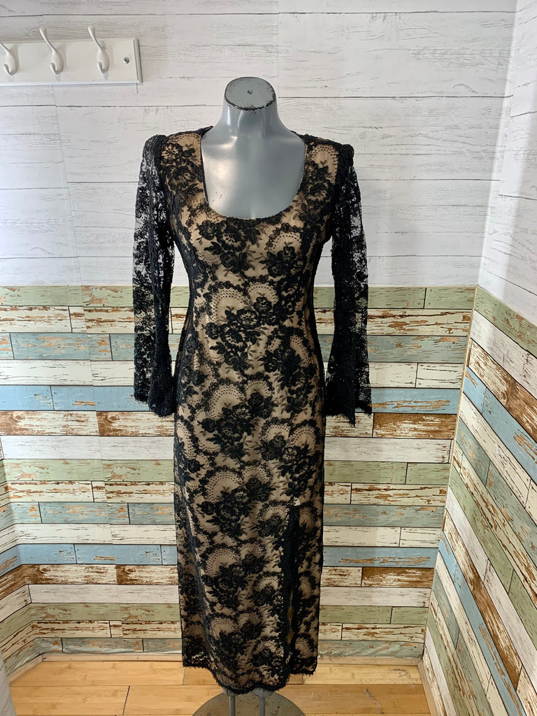 black lace nude illusion dress Beaded Black & Nude Gown 6 / Black-Nude