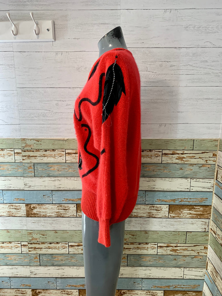 90's Red And Black Leaf Embroidered V-neck Sweater - Hamlets Vintage