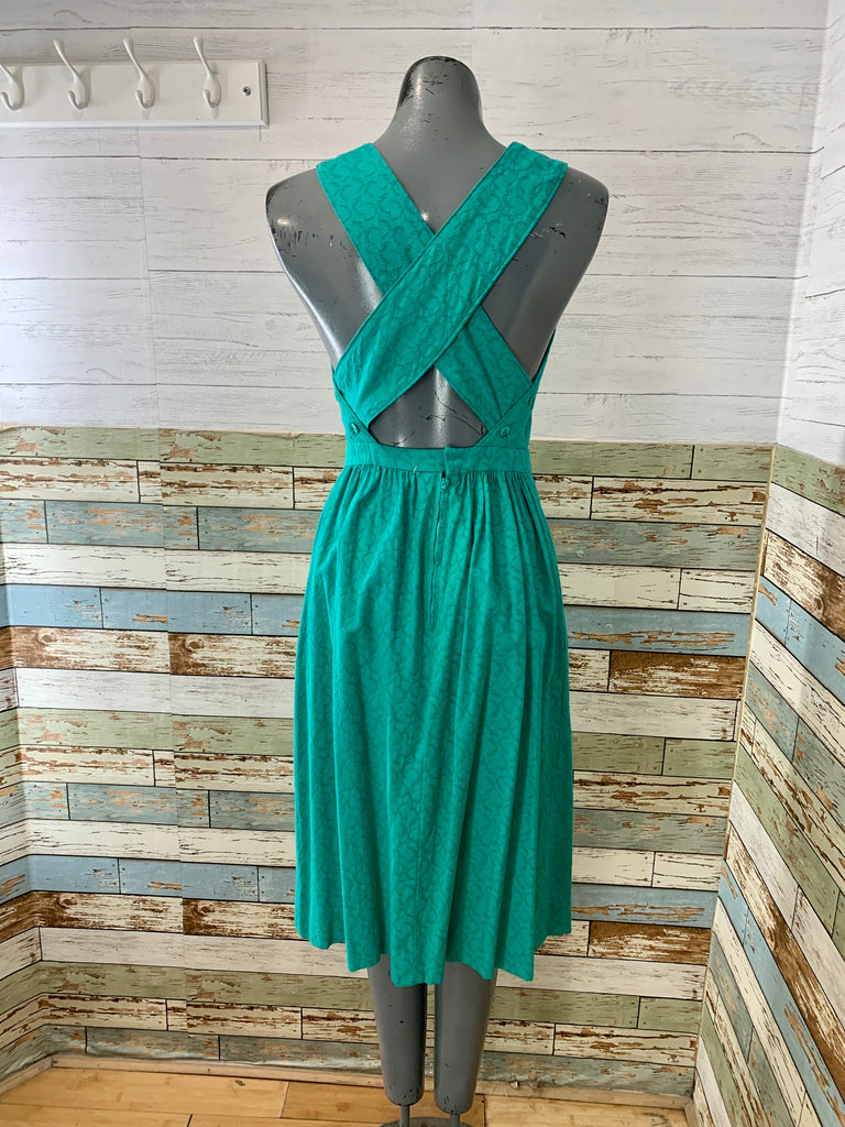 70s Green Textured Midi Dress With Crisscross Back - Hamlets Vintage