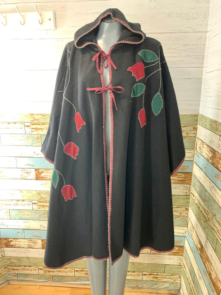 70’s Black Wool Hooded Cape with Rose Design - Hamlets Vintage