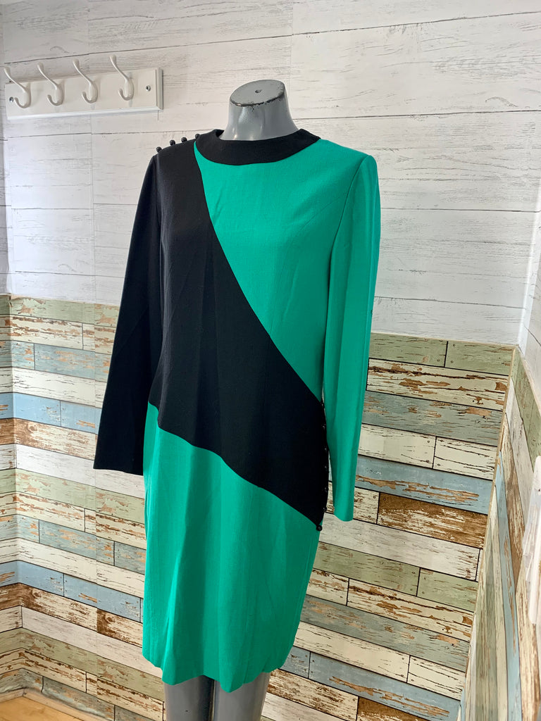 90s Green And Black Pattern Midi Dress - Hamlets Vintage