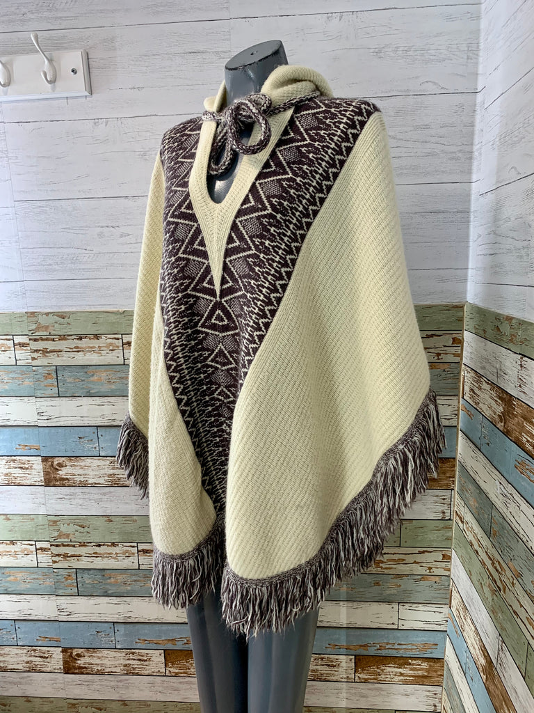 70’s Beige and Brown Fringed Knit Poncho - Hamlets Vintage
