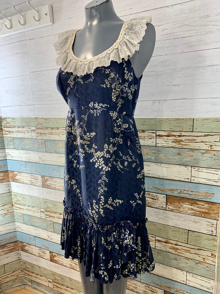 40s Navy Blue And Beige Floral Dress With Lace Collar - Hamlets Vintage