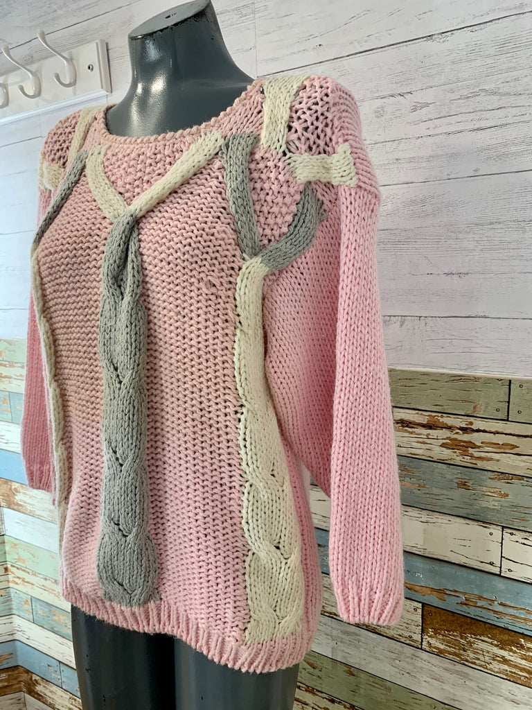 70s Pink and Gray Crewneck Knit Sweater - Hamlets Vintage