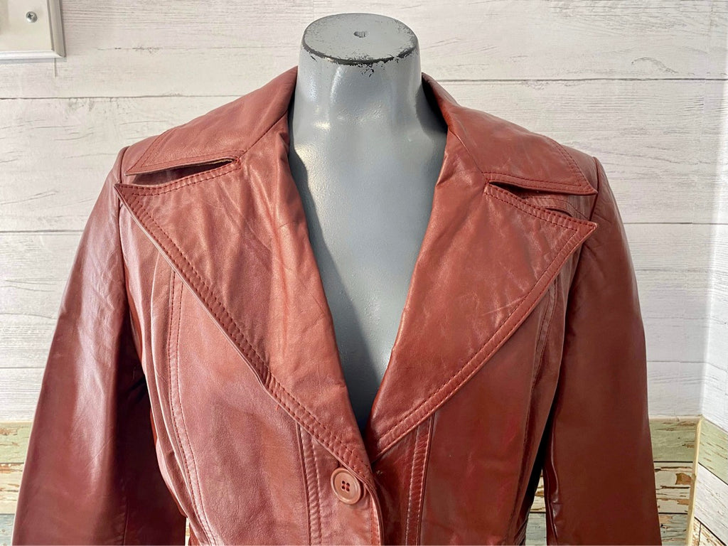 70s Red Leather Trench Coat - Hamlets Vintage