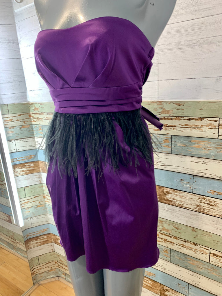00’s Purple Strapless Mini Dress with Feathers - Hamlets Vintage