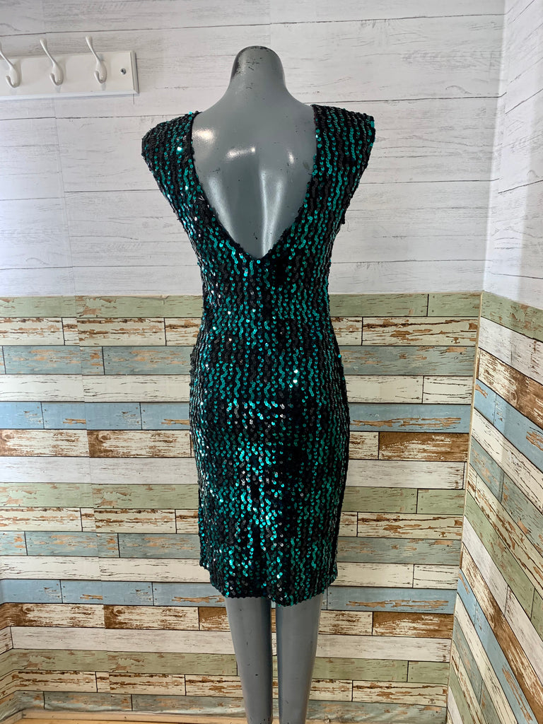70s Green And Black Sequin Fitted Midi Dress - Hamlets Vintage