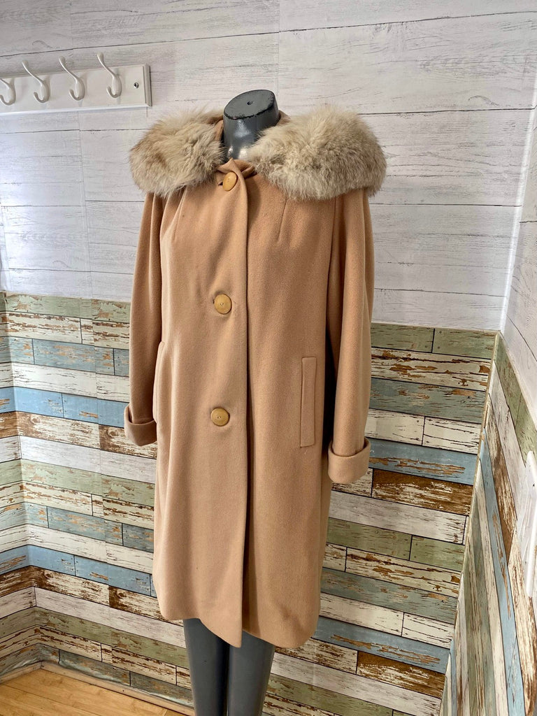 60s Beige Wool Coat With Fox Collar - Hamlets Vintage