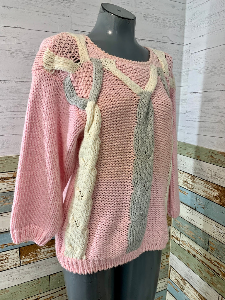 70s Pink and Gray Crewneck Knit Sweater - Hamlets Vintage