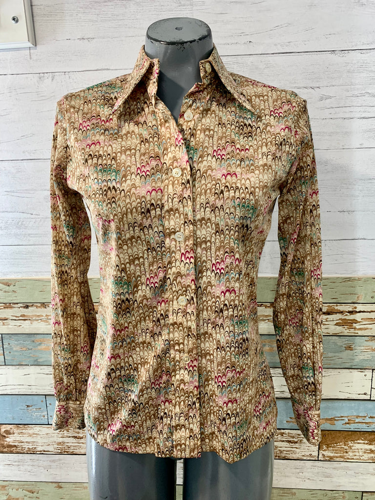 70s Beige And Brown Print Button Up Shirt - Hamlets Vintage