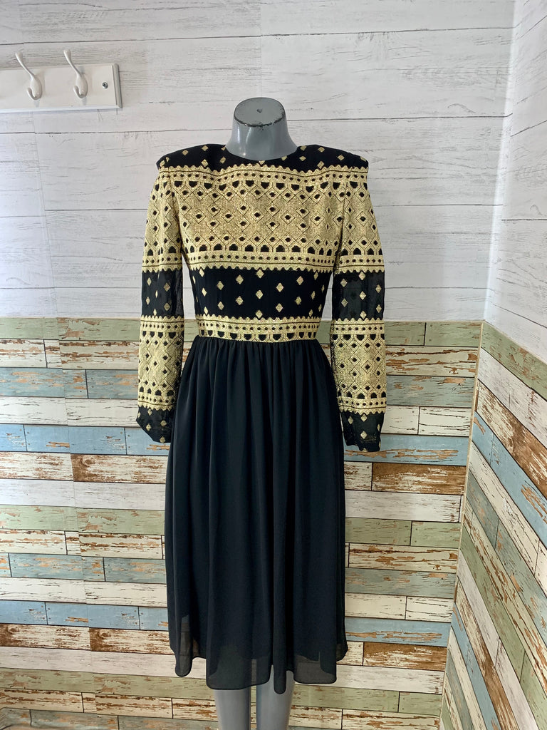 70’s Black and Gold Print Dress - Hamlets Vintage