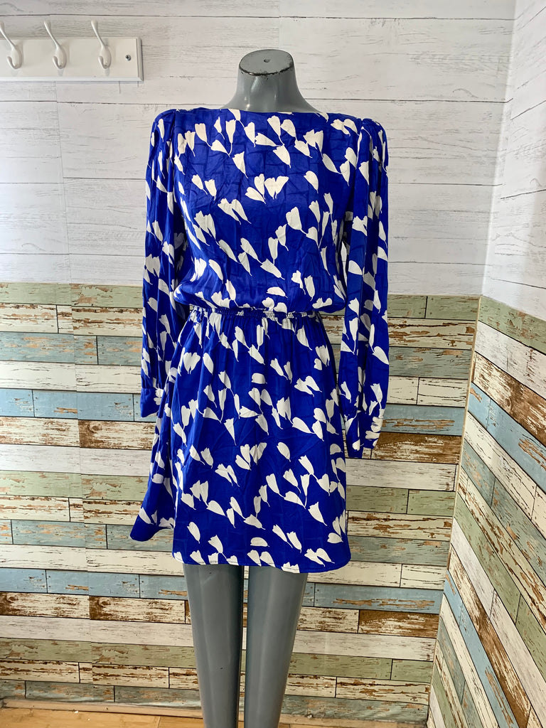 70’s Blue and White Tulip Print Mini A-Line Dress - Hamlets Vintage