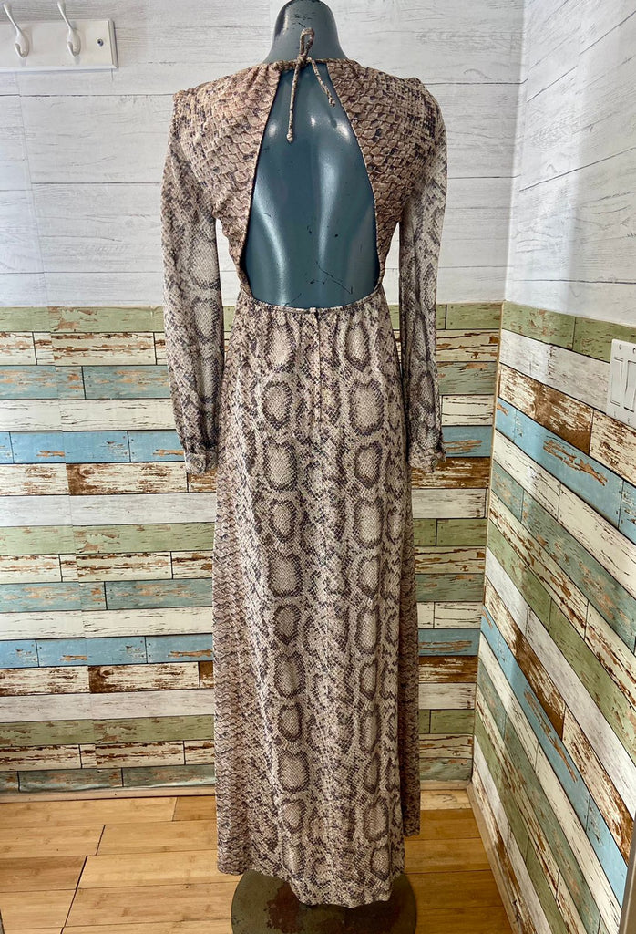 70’s Brown and Beige Shimmery Snakeskin Maxi Dress - Hamlets Vintage