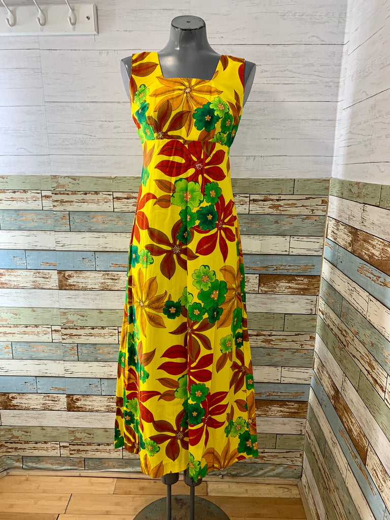 60s/70s Green Red And Yellow Floral Maxi Dress - Hamlets Vintage
