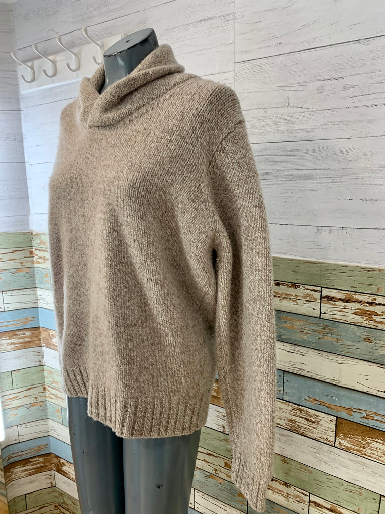 90’s Beige and Brown Knit Shawl Neck Sweater - Hamlets Vintage