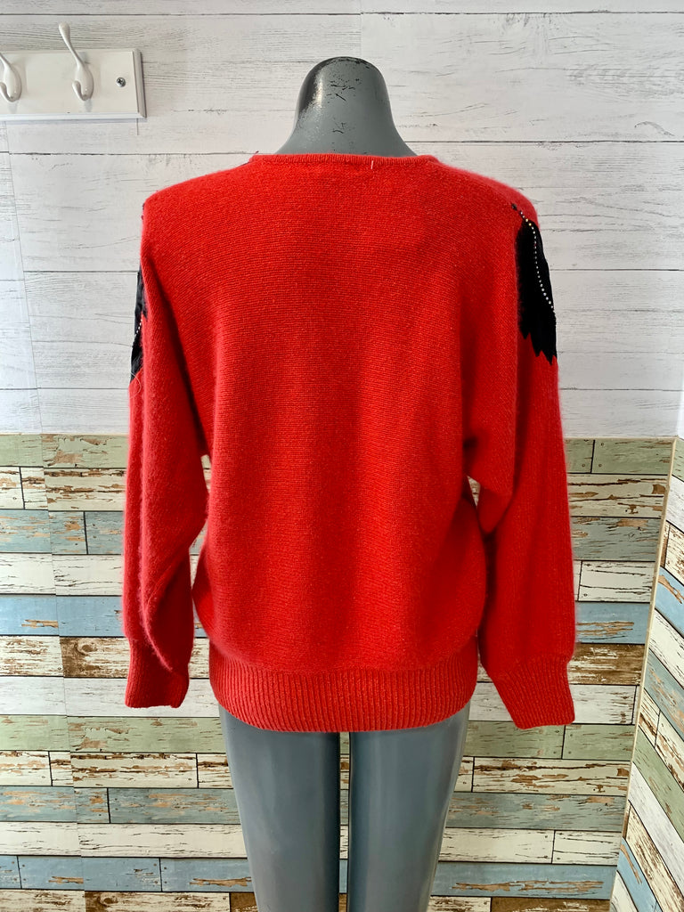 90's Red And Black Leaf Embroidered V-neck Sweater - Hamlets Vintage