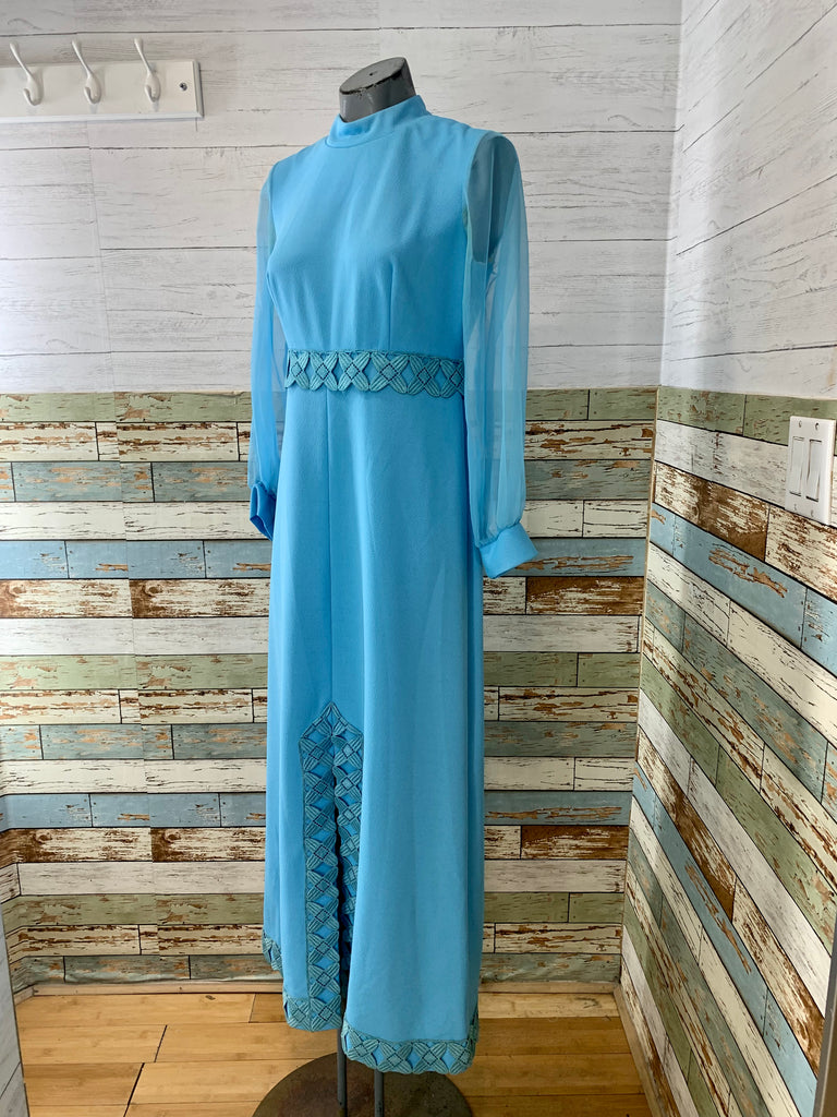 70s Baby Blue Maxi Gown With Embroidery Trim - Hamlets Vintage